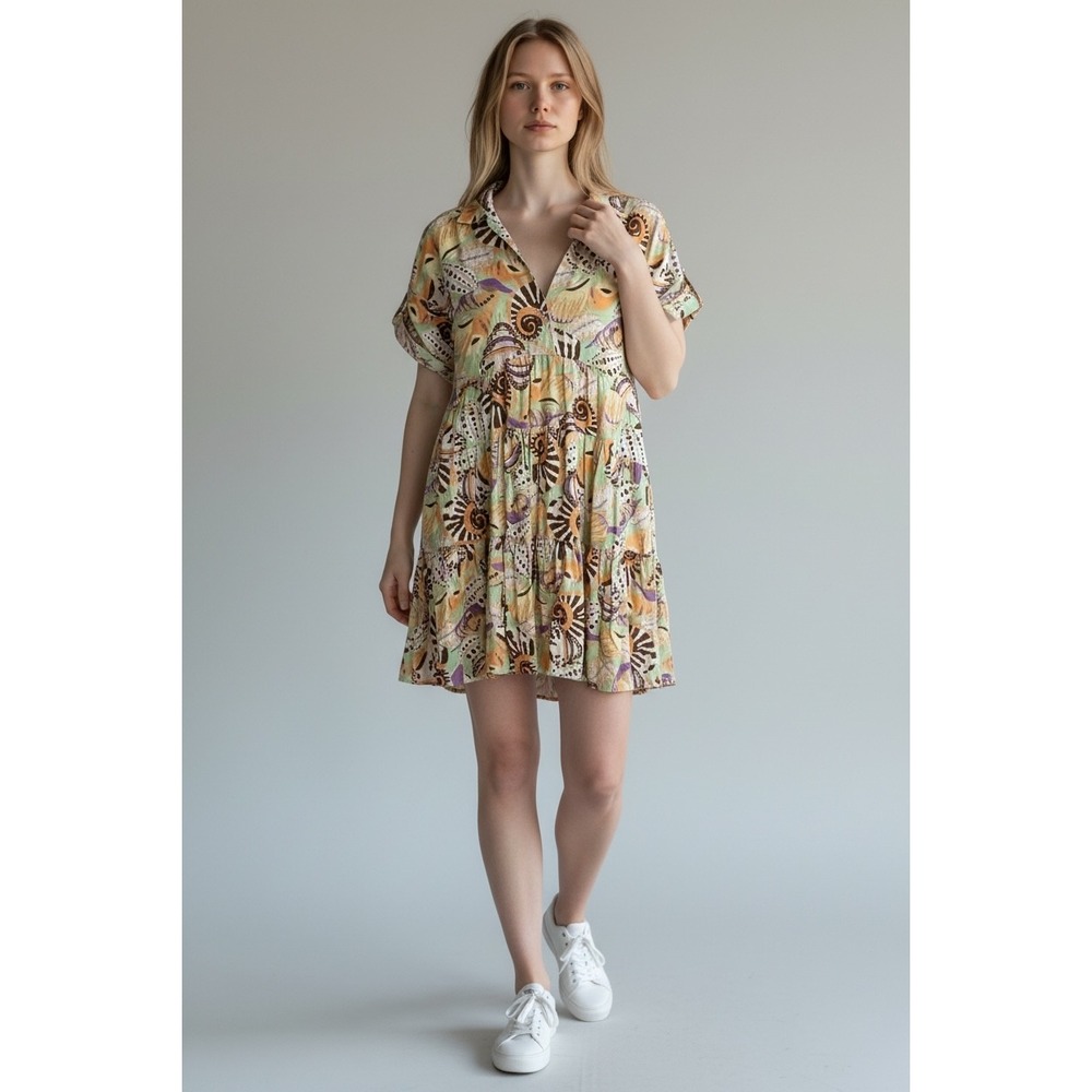 Uncle Frank Unique Print Collared Short Sleeve Tiered Mini Dress.    ‎   S /M